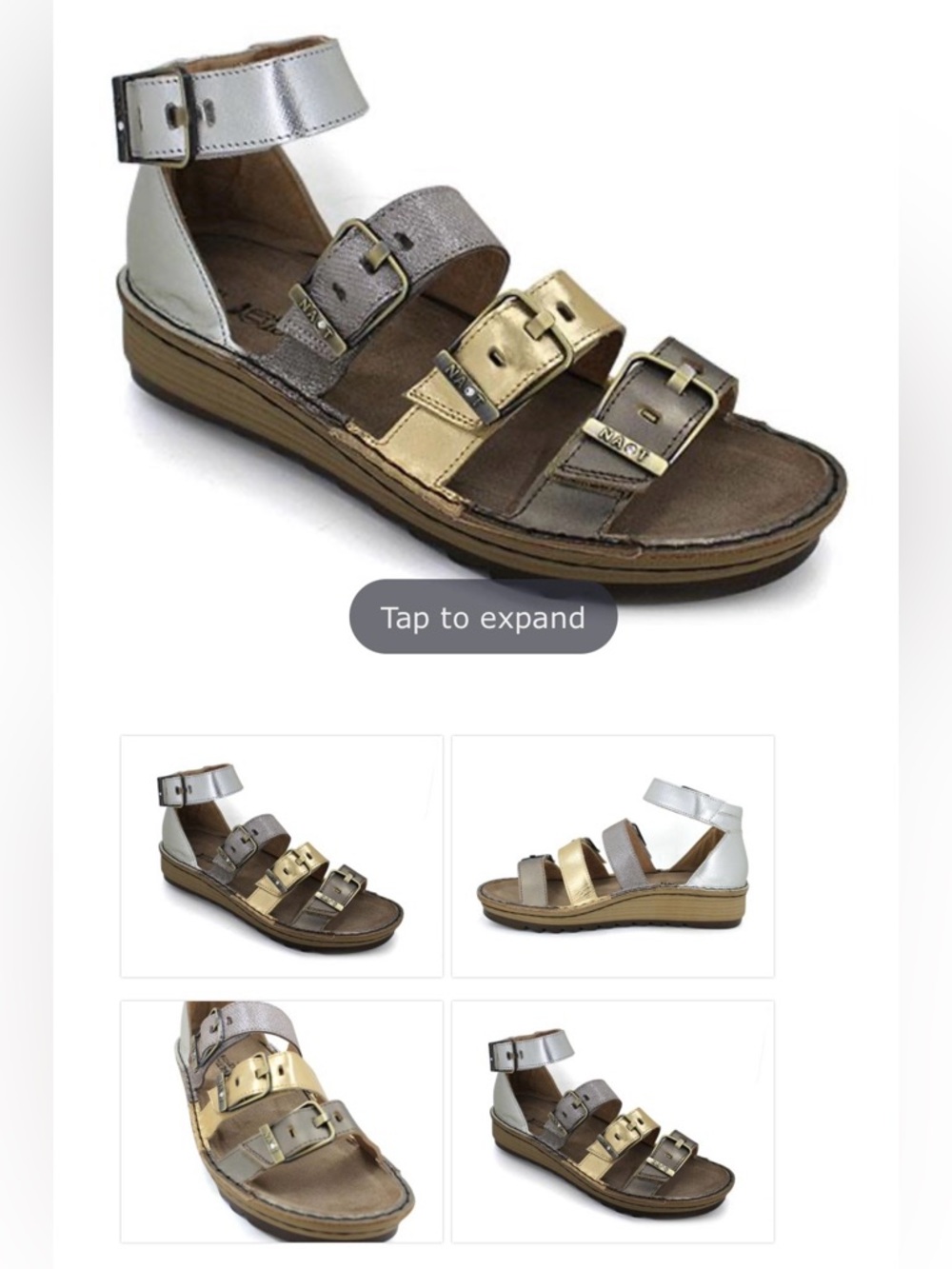 Naot Begonia Gladiator Sandals - Silver, Gold & Pewter Metallics Size 38 (8)